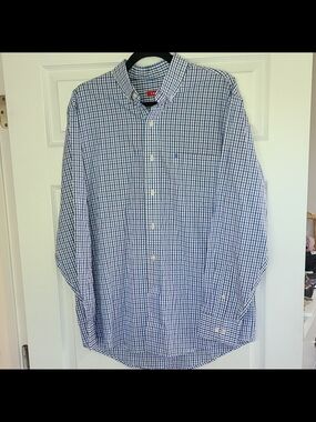 IZOD Blue/White Check Long Sleeve Cotton Button-Down Shirt Men’s L Classic Fit